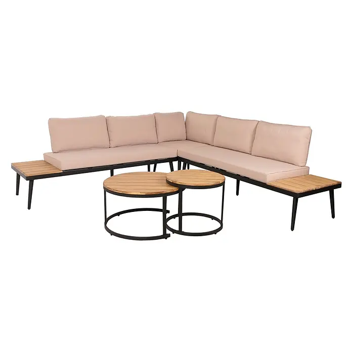 Mendler Loungemöbel-Set HWC-H54 - 3 -tlg., Holz, Hellbraun, Kissen beige, Hellbraun, beige - Eck-Gartensitzgruppe mit hellbeigen Kissen, schwarzem Metallgestell, integrierten Holztischchen und zwei runden Holztischen.