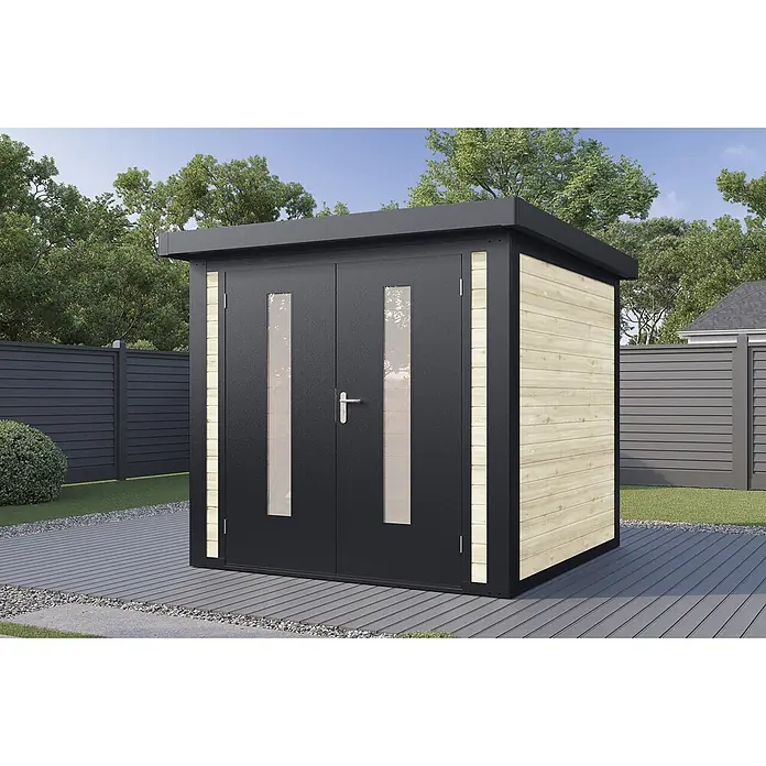 Wolff Finnhaus Gartenhaus Henrik Master Line - Außenmaß inkl. Dachüberstand (B x T): 264 x 272 cm, Holz, Naturhell - Moderner Geräteschuppen mit dunkelgrauen Doppeltüren, Glaspaneelen und hellen Holzwänden, auf dunklem Deck im Garten.