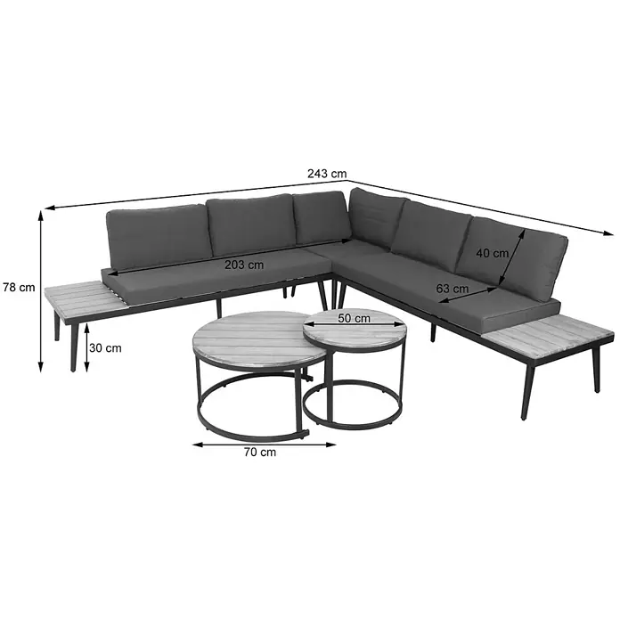 Mendler Loungemöbel-Set HWC-H54 - 3 -tlg., Holz, Braun, Kissen dunkelgrau, Braun, dunkelgrau - L-förmiges Outdoor-Sofa-Set mit grauen Kissen und zwei runden Couchtischen in Holzoptik. Abmessungen sind eingezeichnet.