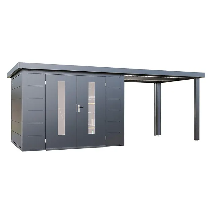 Wolff Finnhaus Gartenhaus Elvar Master Line - Außenmaß inkl. Dachüberstand (B x T): 610 x 272 cm, Metall, Anthrazit - Moderner dunkelgrauer Geräteschuppen mit verglasten Doppeltüren und integriertem Carport.