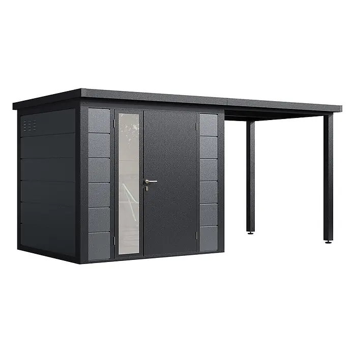 Wolff Finnhaus Gartenhaus Linnea Prime Line - Außenmaß inkl. Dachüberstand (B x T): 460 x 220 cm, Metall, Felsgrau - Dunkelgraues Metallgartenhaus mit Doppeltüren, integriertem Anbau und horizontalen Paneelwänden.