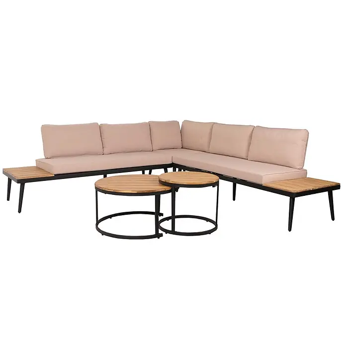 Mendler Loungemöbel-Set HWC-H54 - 3 -tlg., Holz, Hellbraun, Kissen beige, Hellbraun, beige - L-förmiges Outdoor-Lounge-Set mit schwarzem Metallrahmen, beigen Kissen und integrierten Holztischen, dazu zwei runde Couchtische aus Holz.