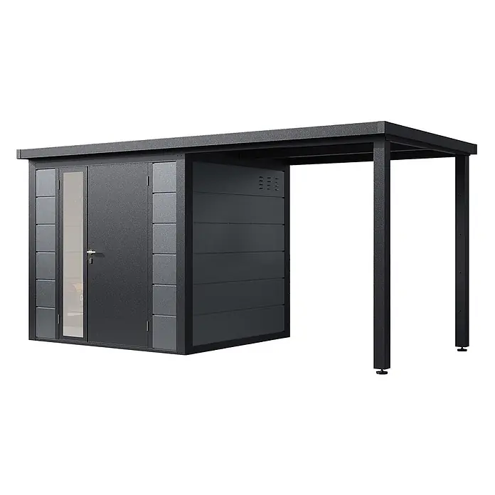 Wolff Finnhaus Gartenhaus Linnea Prime Line - Außenmaß inkl. Dachüberstand (B x T): 460 x 220 cm, Metall, Felsgrau - Dunkelgrauer Metall-Gartenschuppen mit einer Tür mit Glaspanel und einem angebauten offenen Carport.