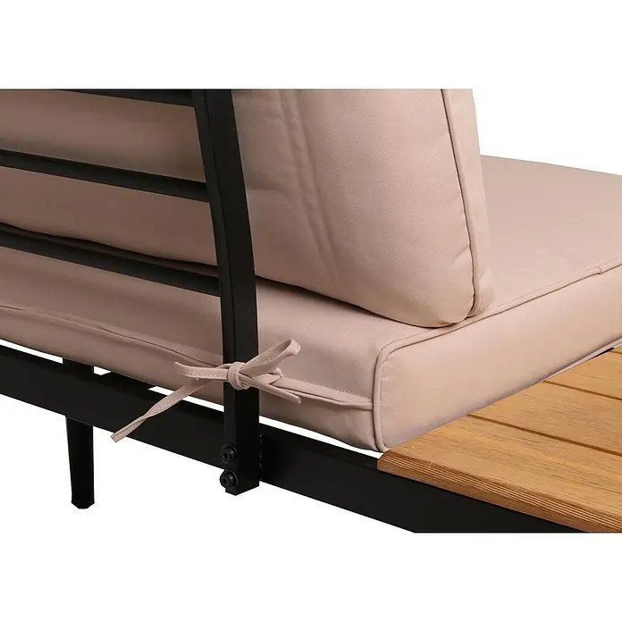 Mendler Loungemöbel-Set HWC-H54 - 3 -tlg., Holz, Hellbraun, Kissen beige, Hellbraun, beige - Nahaufnahme eines beigen Outdoor-Kissens, das an einem schwarzen Metallrahmen befestigt ist, mit Holzlattendetails.