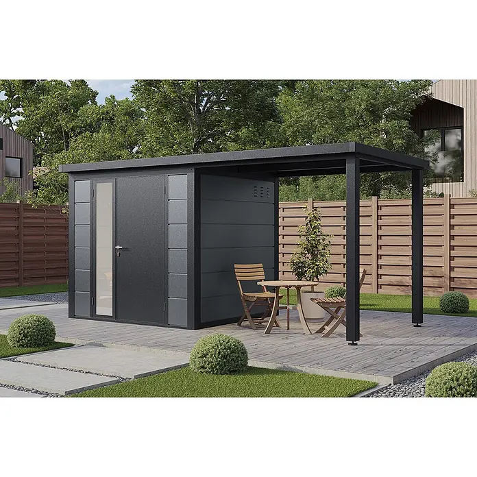 Wolff Finnhaus Gartenhaus Linnea Prime Line - Außenmaß inkl. Dachüberstand (B x T): 460 x 220 cm, Metall, Felsgrau - Dunkelgrauer, moderner Geräteschuppen mit integrierter Pergola auf Holzterrasse, bietet Stauraum und schattigen Sitzbereich.