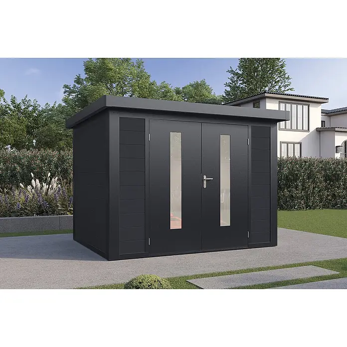 Wolff Finnhaus Gartenhaus Sören Master Line - Außenmaß inkl. Dachüberstand (B x T): 324 x 272 cm, Verbundwerkstoff, Anthrazit - Anthrazitfarbenes Gartenhaus mit horizontaler Verkleidung, Doppeltüren und zwei vertikalen Glasscheiben, in einem Garten gelegen.