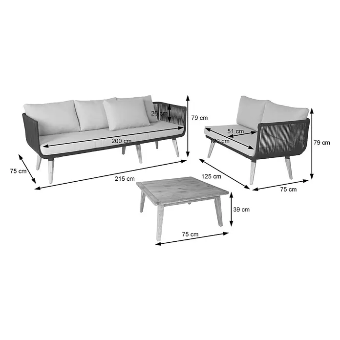 Mendler Loungemöbel-Set HWC-L30 - 3 -tlg., Holz, Polster dunkelgrau, Dunkelgrau - Ein Gartenmöbel-Set mit Dreiersofa, Sessel und Couchtisch. Mit hellen Kissen, geflochtenem Rahmen und Holzbeinen.
