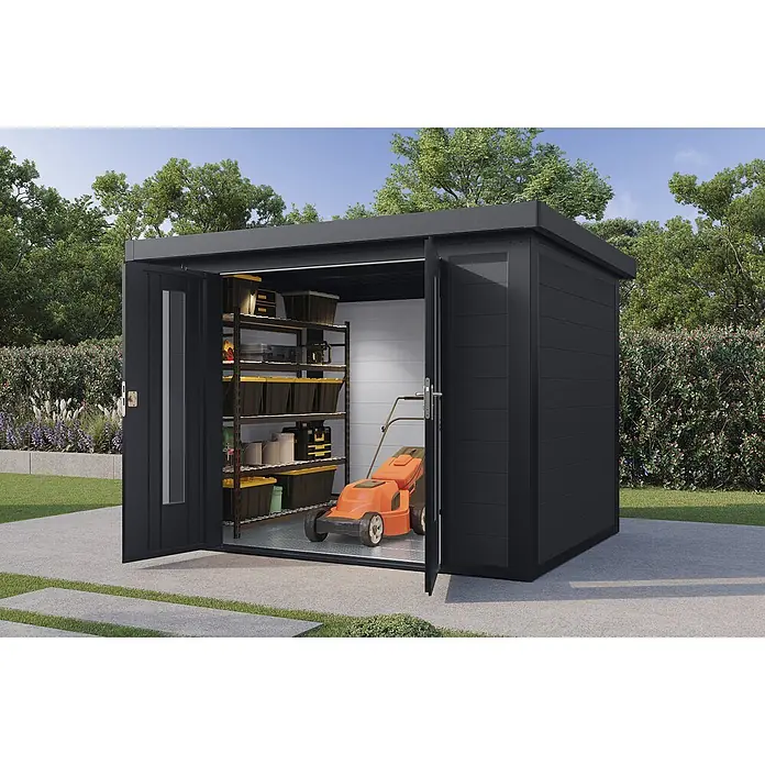 Wolff Finnhaus Gartenhaus Sören Master Line - Außenmaß inkl. Dachüberstand (B x T): 324 x 272 cm, Verbundwerkstoff, Anthrazit - Dunkelgraues modernes Gartenhaus mit geöffneten Doppeltüren, das Regale, Lagerbehälter und einen Rasenmäher zeigt.