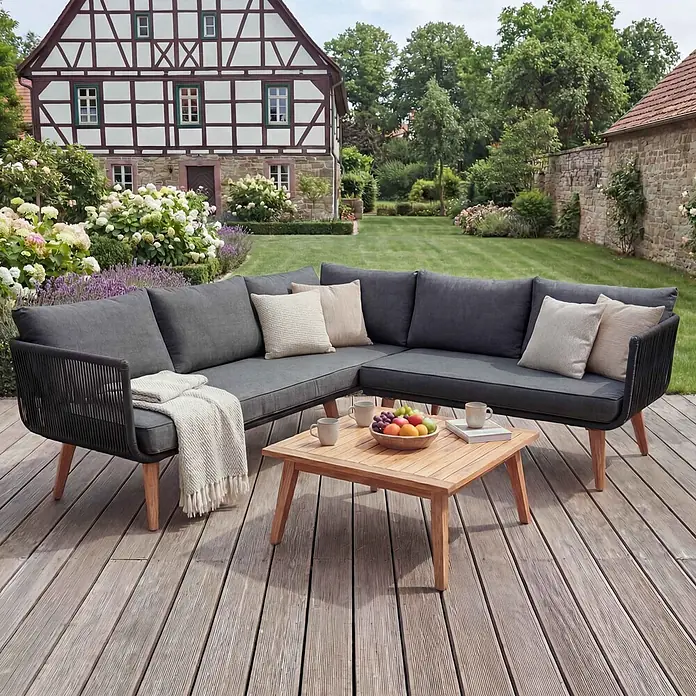 Mendler Loungemöbel-Set HWC-L30 - 3 -tlg., Holz, Polster dunkelgrau, Dunkelgrau - Ein graues L-förmiges Outdoor-Lounge-Sofa mit schwarzem Geflechtrahmen und ein Couchtisch aus Holz auf einer Holzterrasse im Garten.
