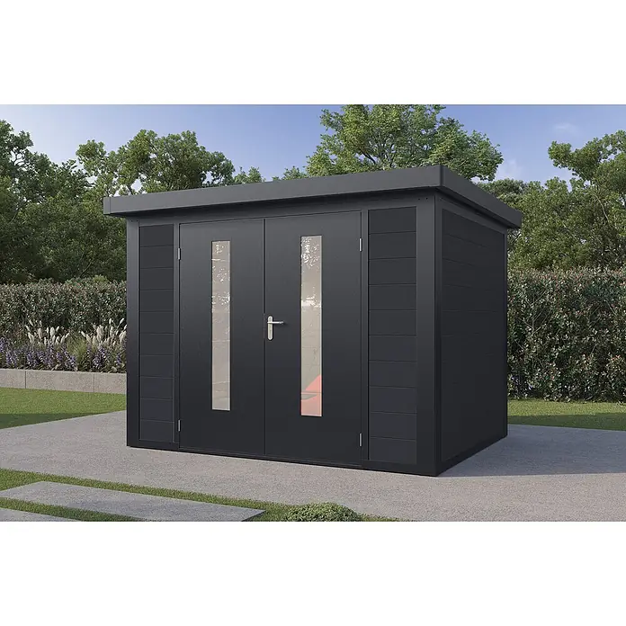 Wolff Finnhaus Gartenhaus Sören Master Line - Außenmaß inkl. Dachüberstand (B x T): 324 x 272 cm, Verbundwerkstoff, Anthrazit - Moderner dunkelgrauer Gartenschuppen mit Doppeltüren und schmalen Glaseinsätzen.
