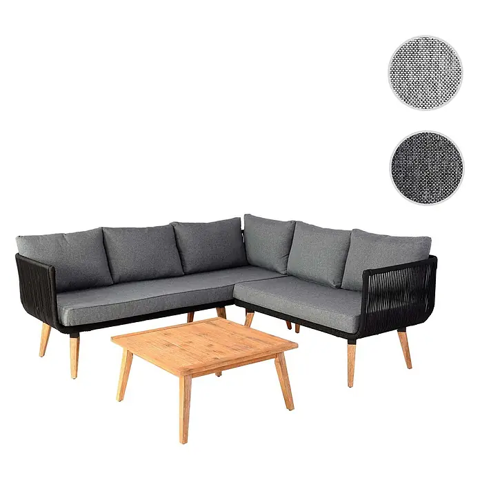 Mendler Loungemöbel-Set HWC-L30 - 3 -tlg., Holz, Polster dunkelgrau, Dunkelgrau - Garten-Ecksofa-Set mit grauen Kissen, schwarzem Seilrahmen, Holzbeinen und Teakholz-Couchtisch. Stoffmuster enthalten.