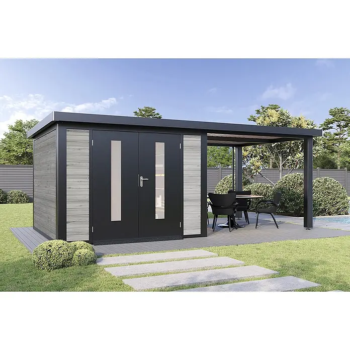 Wolff Finnhaus Gartenhaus Alvar Master Line - Außenmaß inkl. Dachüberstand (B x T): 610 x 332 cm, Holz, Grau - Schwarzes Gartenhaus mit grauer Holzverkleidung und Glastüren, integriert mit schwarzer Pergola über einem grauen Deck mit Essgarnitur.