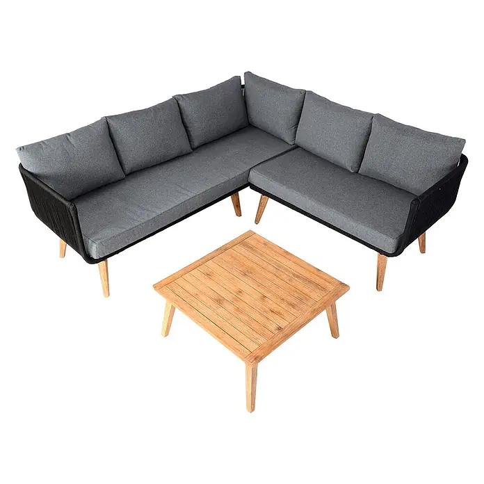 Mendler Loungemöbel-Set HWC-L30 - 3 -tlg., Holz, Polster dunkelgrau, Dunkelgrau - Graues Outdoor-Ecksofa mit schwarzem Geflechtrahmen und passendem quadratischem Holztisch.