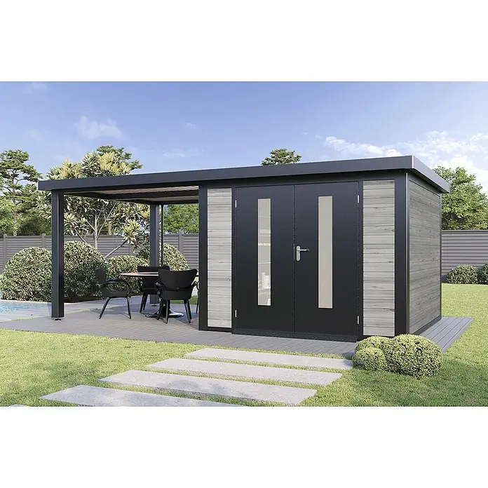 Wolff Finnhaus Gartenhaus Alvar Master Line - Außenmaß inkl. Dachüberstand (B x T): 610 x 332 cm, Holz, Grau - Modernes Gartenhaus in Schwarz und Grau mit integrierter Pergola, bietet Stauraum und schattigen Sitzbereich.