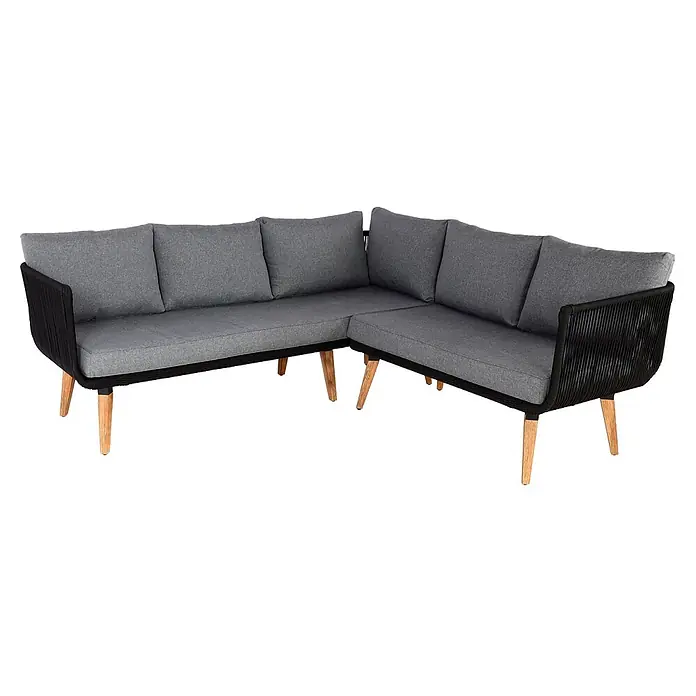 Mendler Loungemöbel-Set HWC-L30 - 3 -tlg., Holz, Polster dunkelgrau, Dunkelgrau - Graues Ecksofa in L-Form mit schwarzem Geflechtrahmen und Naturholzbeinen.