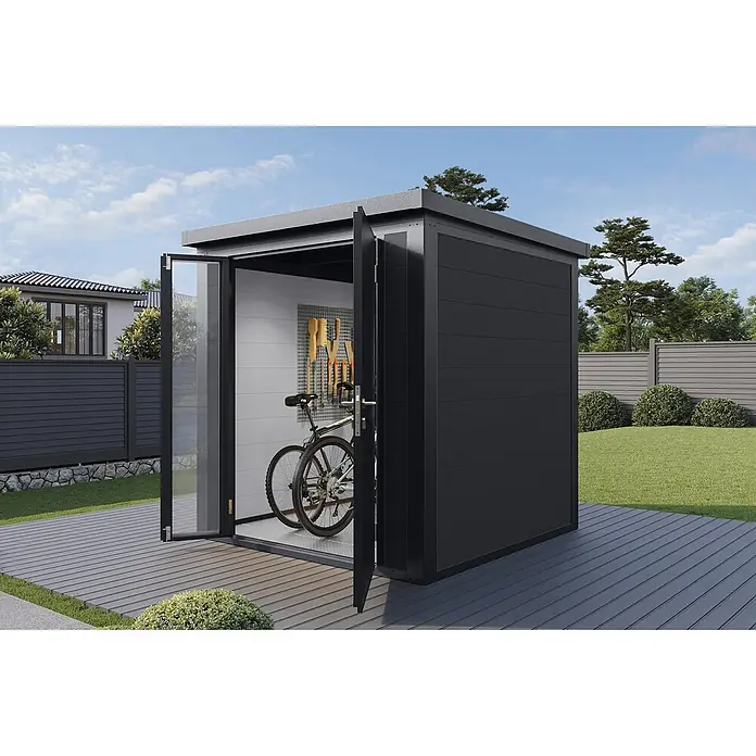 Wolff Finnhaus Gartenhaus Asger Prime Line - Außenmaß inkl. Dachüberstand (B x T): 210 x 220 cm, Verbundwerkstoff, Anthrazit - Anthrazitfarbener Gartenschuppen mit offenen Glastüren, der ein Fahrrad und Gartengeräte an einer Lochwand im Inneren zeigt, auf einer Terrasse.