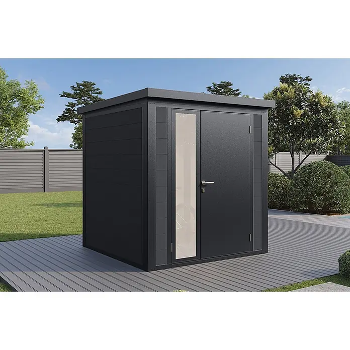 Wolff Finnhaus Gartenhaus Asger Prime Line - Außenmaß inkl. Dachüberstand (B x T): 210 x 220 cm, Verbundwerkstoff, Anthrazit - Modernes, dunkelgraues Metall-Gartenhaus mit Glastür, auf einer Terrasse im Garten.