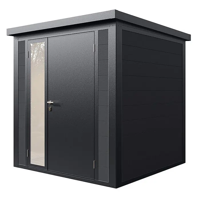 Wolff Finnhaus Gartenhaus Asger Prime Line - Außenmaß inkl. Dachüberstand (B x T): 210 x 220 cm, Verbundwerkstoff, Anthrazit - Moderner anthrazitfarbener Gartenschuppen mit Tür und Glaspaneel, ideal zur Außenlagerung.