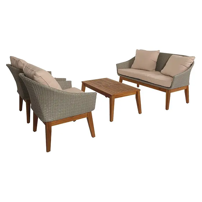 Mendler Loungemöbel-Set HWC-N37 - 4 -tlg., Holz, Grau, Kissen beige, Beige - Vierteiliges Outdoor-Set: zwei graue Flechtsessel, passende Sitzbank und ein Holztisch. Mit hellbeigen Kissen und Naturholzbeinen.