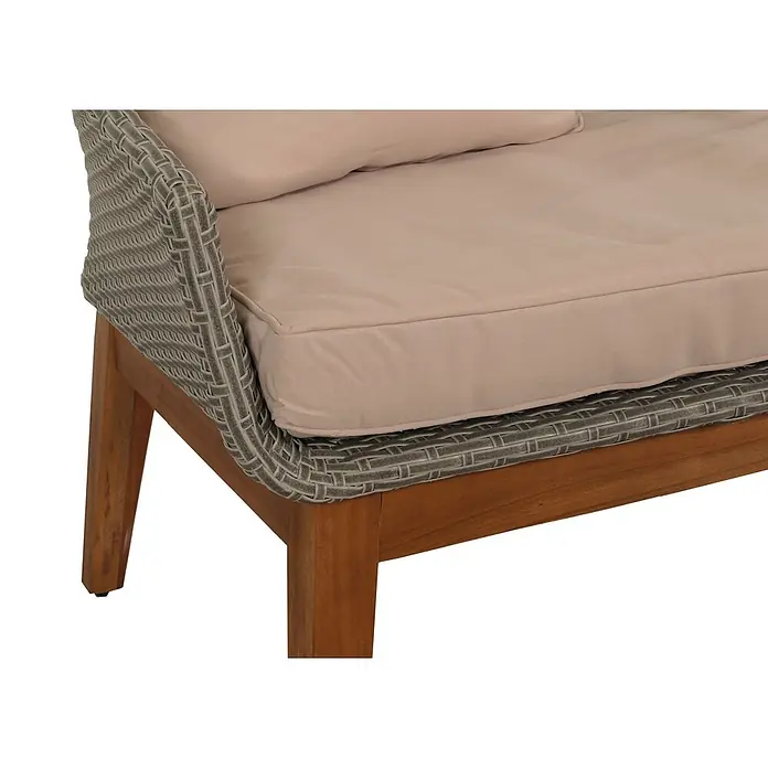 Mendler Loungemöbel-Set HWC-N37 - 4 -tlg., Holz, Grau, Kissen beige, Beige - Gartensessel mit grauem Rattan-Geflecht, hellbeigem Kissen und Holzgestell.
