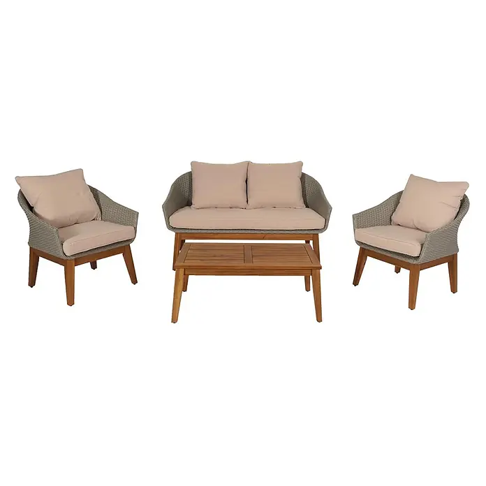 Mendler Loungemöbel-Set HWC-N37 - 4 -tlg., Holz, Grau, Kissen beige, Beige - Gartenlounge-Set mit zwei hellgrauen Rattanstühlen, einem passenden Sofa und einem Holztisch, alle mit beigen Kissen.