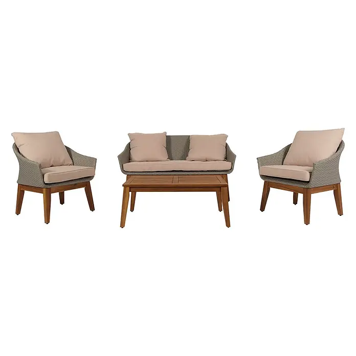 Mendler Loungemöbel-Set HWC-N37 - 4 -tlg., Holz, Grau, Kissen beige, Beige - Outdoor-Sitzgruppe: zwei graue geflochtene Sessel, ein Zweiersofa und ein Couchtisch mit beigen Kissen und Holzbeinen.