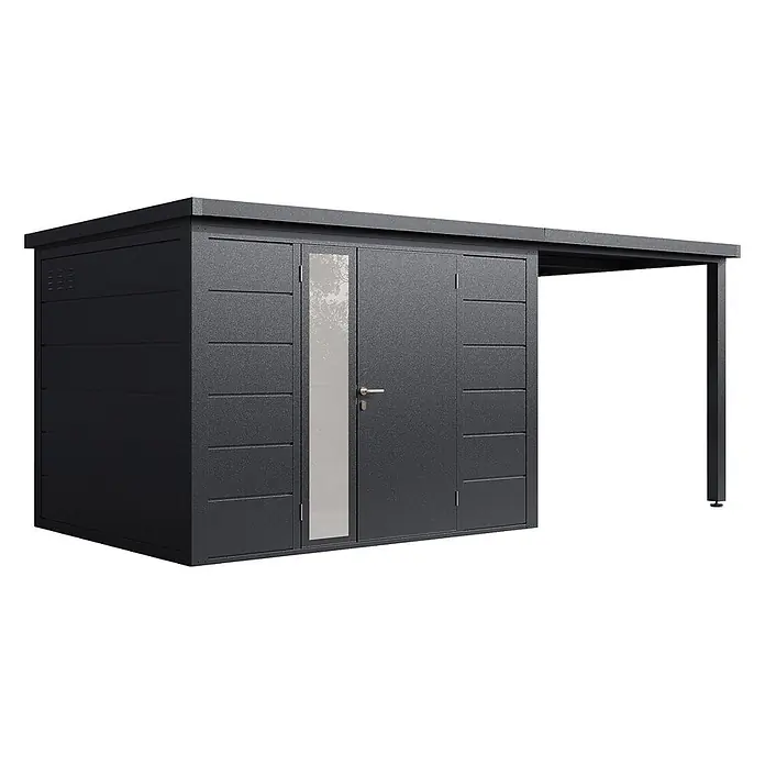 Wolff Finnhaus Gartenhaus Linnea Prime Line - Außenmaß inkl. Dachüberstand (B x T): 519 x 247 cm, Metall, Anthrazit - Dunkelgrauer Metall-Gartenschuppen mit flachem Anbaudach. Doppeltüren, eine mit hohem vertikalem Fensterpaneel.