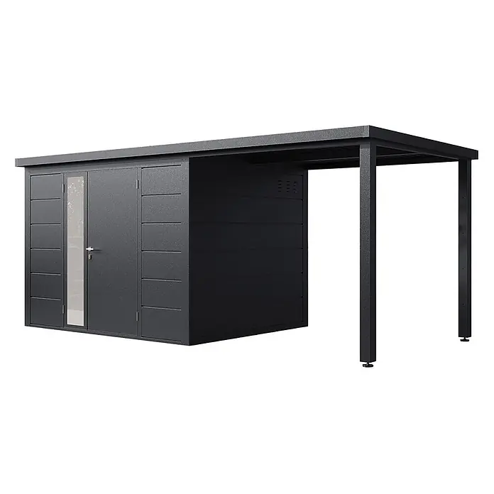 Wolff Finnhaus Gartenhaus Linnea Prime Line - Außenmaß inkl. Dachüberstand (B x T): 519 x 247 cm, Metall, Anthrazit - Dunkelgrauer Metallschuppen mit integriertem Anbau-Carport, mit horizontaler Verkleidung und einem Glastürpaneel.