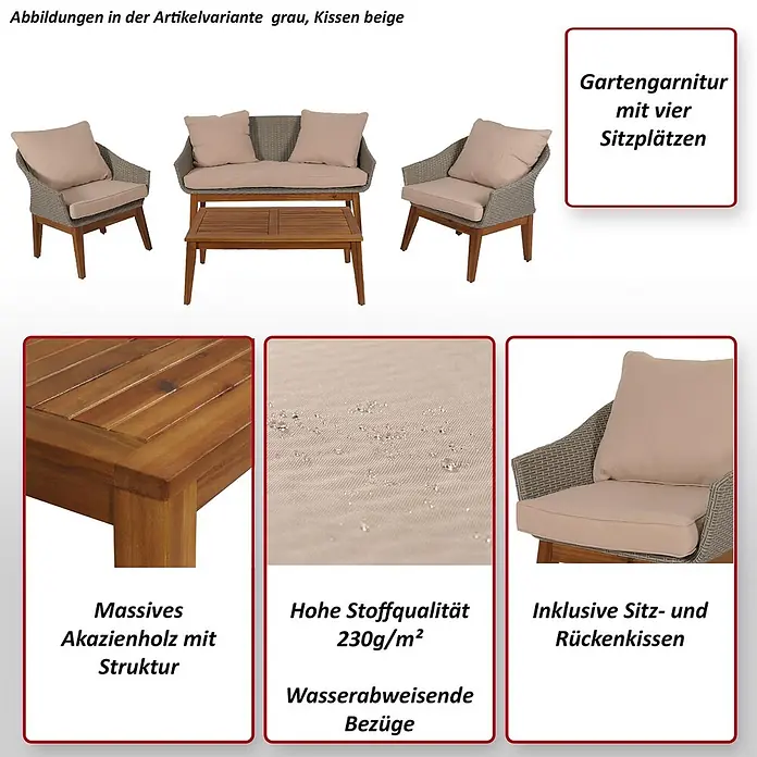 Mendler Loungemöbel-Set HWC-N37 - 4 -tlg., Holz, Grau, Kissen beige, Beige - Graue Gartengarnitur mit beigen Kissen, massivem Akazienholz und wasserabweisenden Bezügen, bietet vier Sitzplätze.