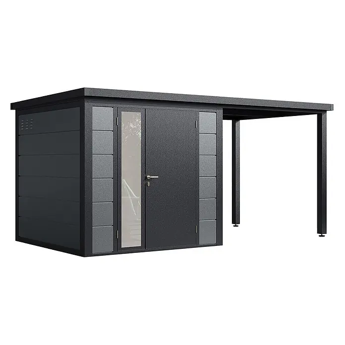 Wolff Finnhaus Gartenhaus Linnea Prime Line - Außenmaß inkl. Dachüberstand (B x T): 460 x 247 cm, Metall, Felsgrau - Moderner anthrazitfarbener Metallgeräteschuppen mit integriertem Vordach und horizontaler Verkleidung.