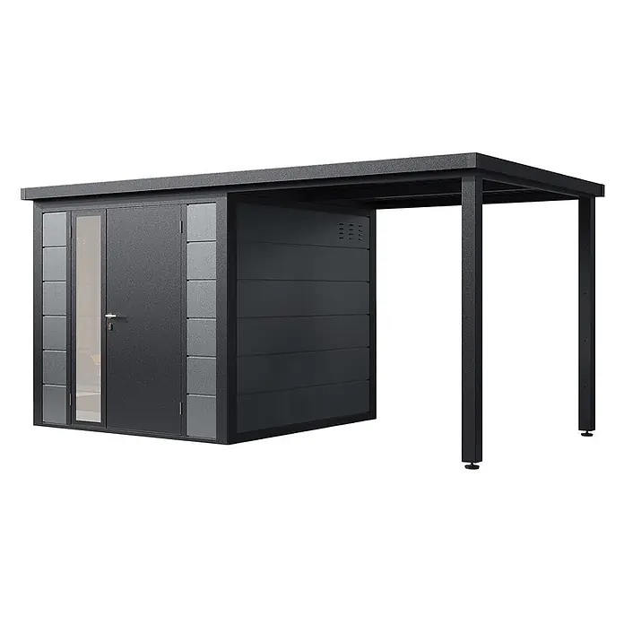 Wolff Finnhaus Gartenhaus Linnea Prime Line - Außenmaß inkl. Dachüberstand (B x T): 460 x 247 cm, Metall, Felsgrau - Dunkelgraues Metall-Gartenhaus mit Tür, Seitenfenstern und integriertem offenem Carport auf zwei Pfosten.