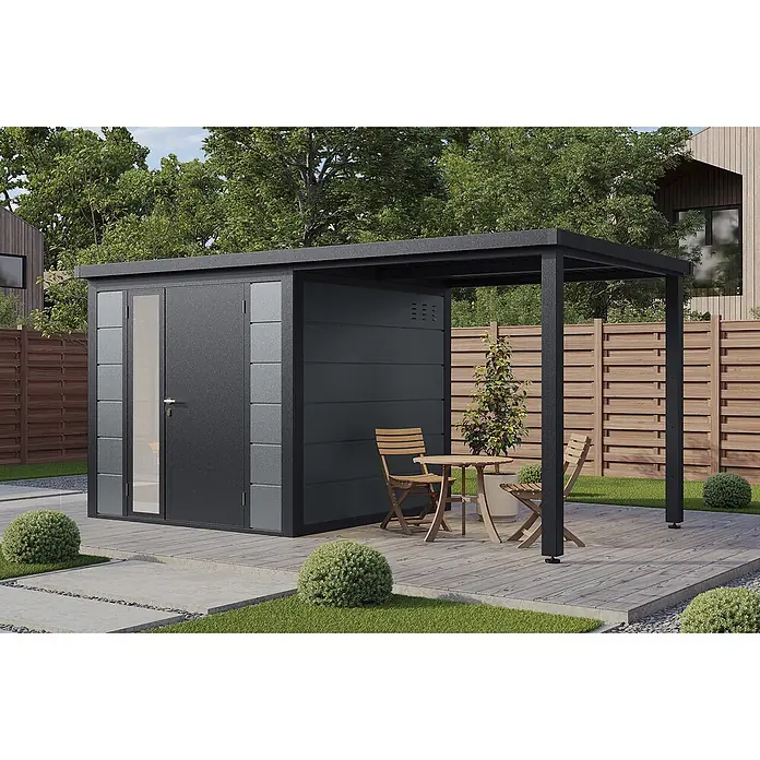 Wolff Finnhaus Gartenhaus Linnea Prime Line - Außenmaß inkl. Dachüberstand (B x T): 460 x 247 cm, Metall, Felsgrau - Dunkelgraues Metall-Gartenhaus mit integrierter Pergola, bietet Stauraum und überdachten Sitzbereich auf Holzterrasse.