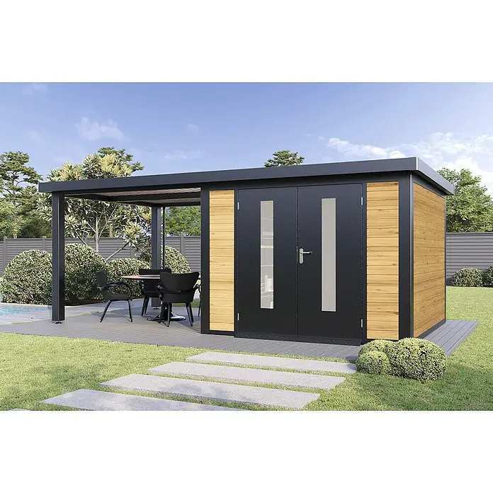 Wolff Finnhaus Gartenhaus Alvar Master Line - Außenmaß inkl. Dachüberstand (B x T): 610 x 332 cm, Holz, Kiefer - Modernes Gartenhaus in Schwarz und Holz mit Doppeltüren und angeschlossener schwarzer Metallpergola auf einer grauen Terrasse im Garten.