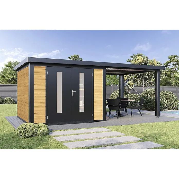 Wolff Finnhaus Gartenhaus Alvar Master Line - Außenmaß inkl. Dachüberstand (B x T): 610 x 332 cm, Holz, Kiefer - Moderner schwarzer Gartenschuppen mit Holzpaneelen und Glastüren, inklusive integrierter Pergola mit Sitzgelegenheiten im Freien.