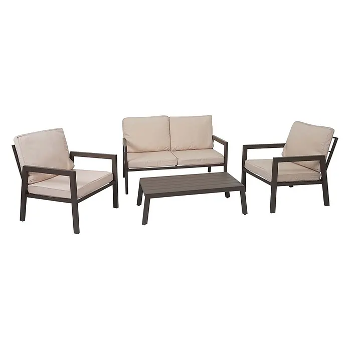 Mendler Loungemöbel-Set HWC-L64 - 4 -tlg., Metall, Polster creme-weiß, Creme-weiß - Dunkelbraunes Metall-Gartenlounge-Set mit hellbeigen Kissen und einem Latten-Couchtisch.