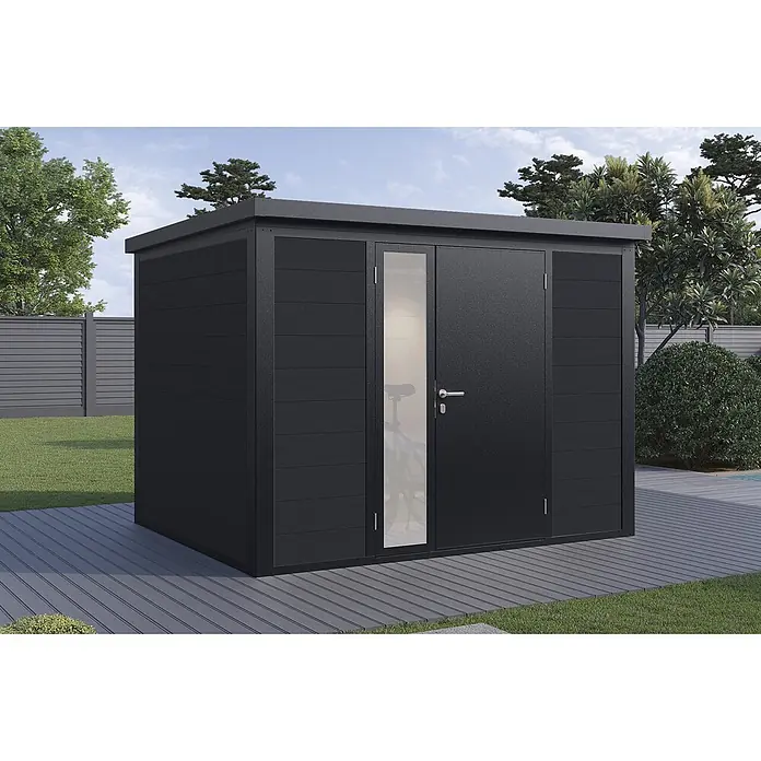 Wolff Finnhaus Gartenhaus Asger Prime Line - Außenmaß inkl. Dachüberstand (B x T): 300 x 247 cm, Verbundwerkstoff, Anthrazit - Anthrazitfarbener Gartenschuppen mit Flachdach und Doppeltüren, eine mit Glaspaneel, auf Holzterrasse.