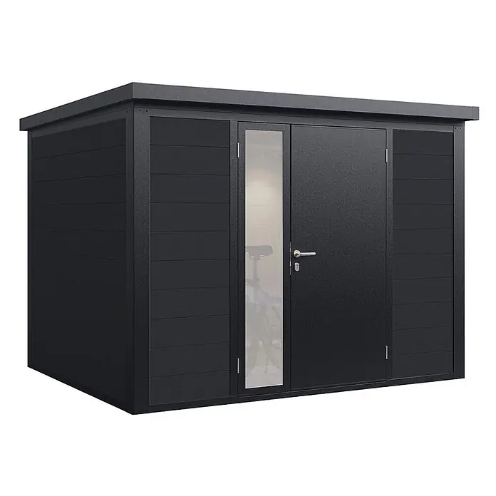 Wolff Finnhaus Gartenhaus Asger Prime Line - Außenmaß inkl. Dachüberstand (B x T): 300 x 247 cm, Verbundwerkstoff, Anthrazit - Anthrazitfarbener Metallgeräteschuppen mit Flachdach und Doppeltür, eine Seite verglast, mit Fahrrad.