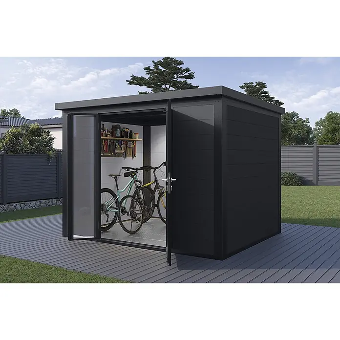 Wolff Finnhaus Gartenhaus Asger Prime Line - Außenmaß inkl. Dachüberstand (B x T): 300 x 247 cm, Verbundwerkstoff, Anthrazit - Anthrazitfarbener Gartenschuppen mit horizontaler Verkleidung, in dem zwei Fahrräder untergebracht sind. Modernes Design mit Innenregal.