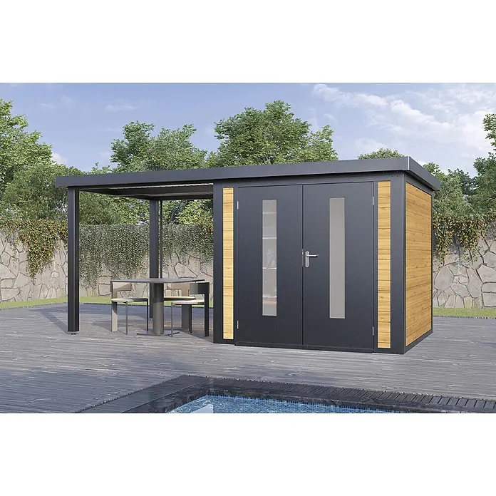 Wolff Finnhaus Gartenhaus Alvar Master Line - Außenmaß inkl. Dachüberstand (B x T): 489 x 272 cm, Holz, Kiefer - Moderner Gartenschuppen aus dunkelgrauem Metall und hellem Holz mit integrierter Pergola und Sitzgruppe am Pool.