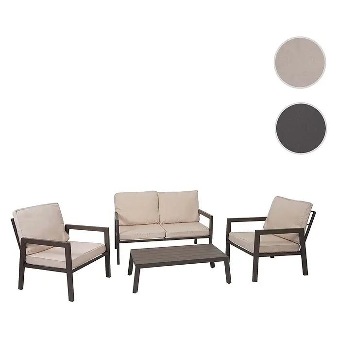 Mendler Loungemöbel-Set HWC-L64 - 4 -tlg., Metall, Polster creme-weiß, Creme-weiß - Gartenlounge-Set mit zwei Sesseln, Zweisitzer-Sofa und Couchtisch, dunkelgrauen Gestellen und hellbeigen Polstern.