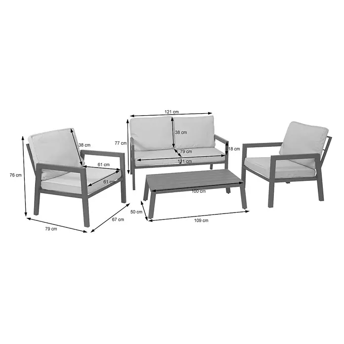 Mendler Loungemöbel-Set HWC-L64 - 4 -tlg., Metall, Polster creme-weiß, Creme-weiß - Graue Outdoor-Lounge-Garnitur: zwei Sessel, ein Zweisitzer-Sofa und ein Couchtisch mit Kissen. Maße sind angegeben.