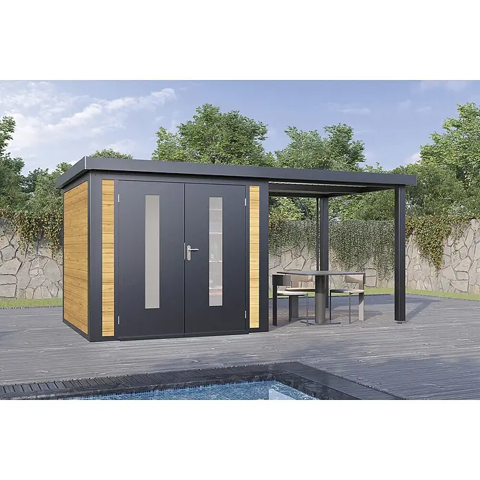 Wolff Finnhaus Gartenhaus Alvar Master Line - Außenmaß inkl. Dachüberstand (B x T): 489 x 272 cm, Holz, Kiefer - Moderner Geräteschuppen aus Anthrazit und Holz mit integrierter Pergola und Sitzbereich am Pool.