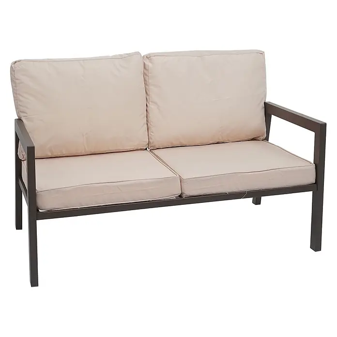 Mendler Loungemöbel-Set HWC-L64 - 4 -tlg., Metall, Polster creme-weiß, Creme-weiß - Zweisitzer-Gartensofa mit dunkelbraunem Metallrahmen und hellbeigen Kissen.