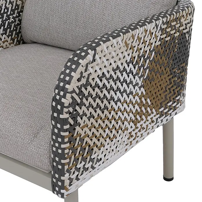 Mendler Loungemöbel-Set HWC-P80 - 3 -tlg., Rattan, Creme-beige, Creme-beige - Sessel mit mehrfarbiger geflochtener Armlehne in Grau, Weiß und Braun, mit hellgrauen Stoffkissen.