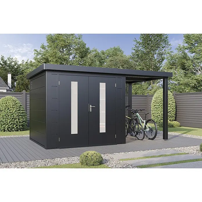 Wolff Finnhaus Gartenhaus Elvar Master Line - Außenmaß inkl. Dachüberstand (B x T): 399 x 272 cm, Metall, Anthrazit - Dunkelgrauer Metall-Gartenschuppen mit Doppeltüren und angebautem Carport, bietet Schutz für zwei Fahrräder.