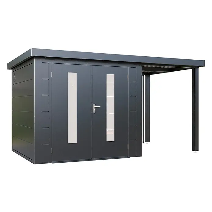 Wolff Finnhaus Gartenhaus Elvar Master Line - Außenmaß inkl. Dachüberstand (B x T): 399 x 272 cm, Metall, Anthrazit - Dunkelgraues Metallgerätehaus mit Doppeltür, transparenten Paneelen und integriertem Carport.