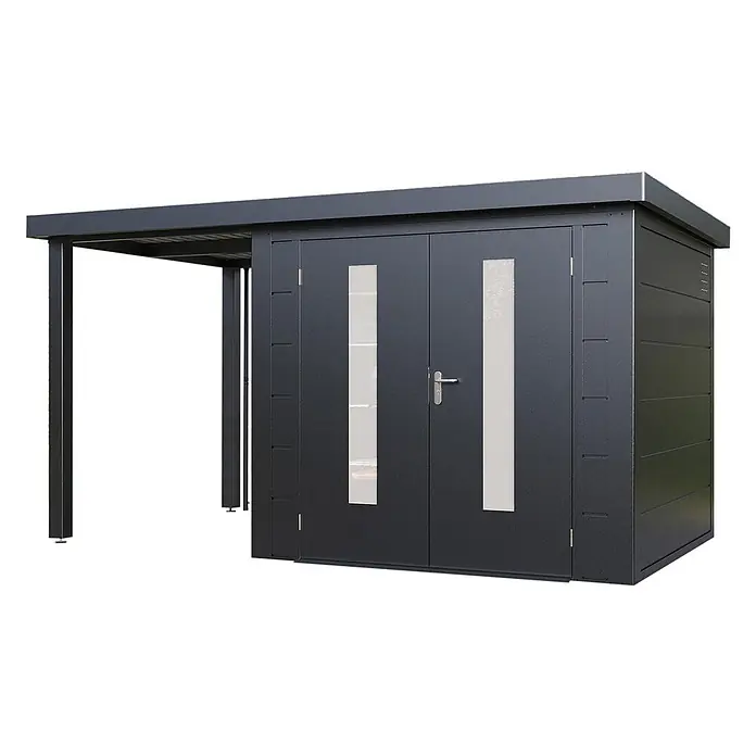 Wolff Finnhaus Gartenhaus Elvar Master Line - Außenmaß inkl. Dachüberstand (B x T): 399 x 272 cm, Metall, Anthrazit - Dunkelgraues Metallgartenhaus mit integriertem Vordach und Doppeltüren mit vertikalen transparenten Paneelen, bietet Stauraum und Schutz.