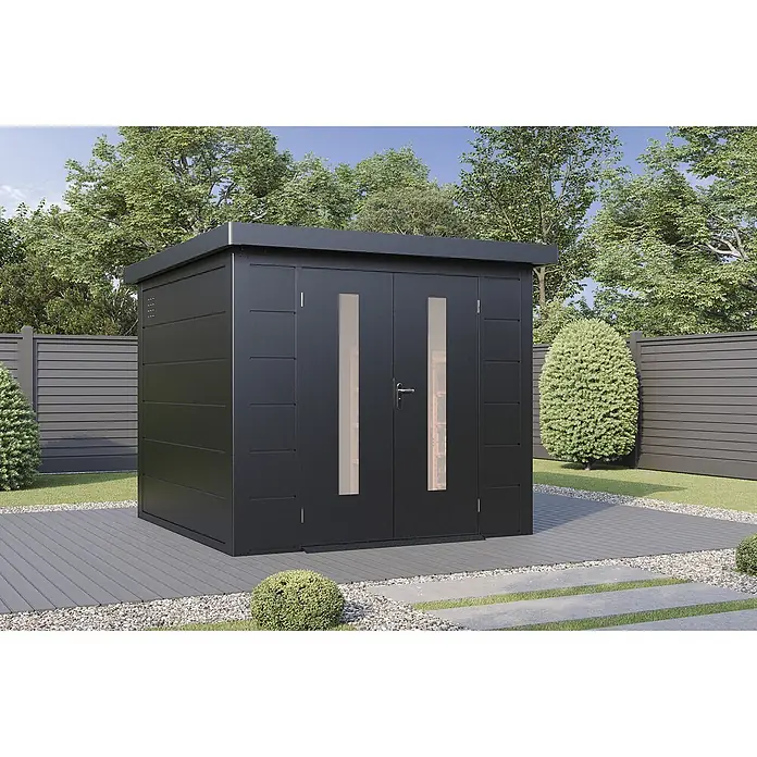 Wolff Finnhaus Gartenhaus Eirik Master Line - Außenmaß inkl. Dachüberstand (B x T): 264 x 272 cm, Metall, Anthrazit - Moderner, dunkelgrauer Gartenschuppen mit Flachdach und Doppeltüren mit hohen vertikalen Fenstern, auf einer Terrasse.