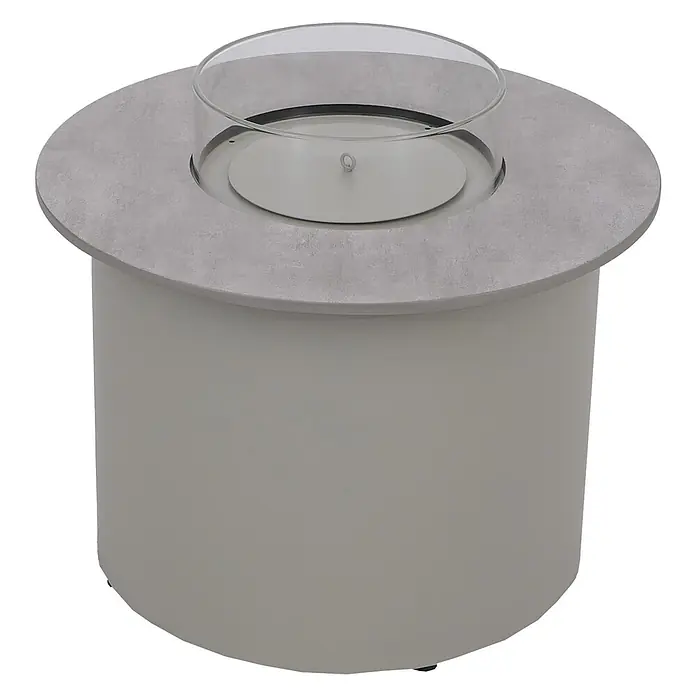 Mendler Loungemöbel-Set HWC-P80 - 3 -tlg., Rattan, Creme-beige, Creme-beige - Runder Outdoor-Feuertisch mit grauer Betonoptikplatte, glattem grauem Sockel und klarem Glasschutz.