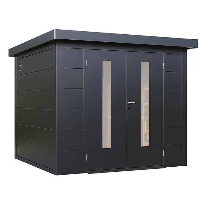 Wolff Finnhaus Gartenhaus Eirik Master Line - Außenmaß inkl. Dachüberstand (B x T): 264 x 272 cm, Metall, Anthrazit - Moderner anthrazitfarbener Metallschuppen mit Flachdach und Doppeltüren mit vertikalen transparenten Paneelen.